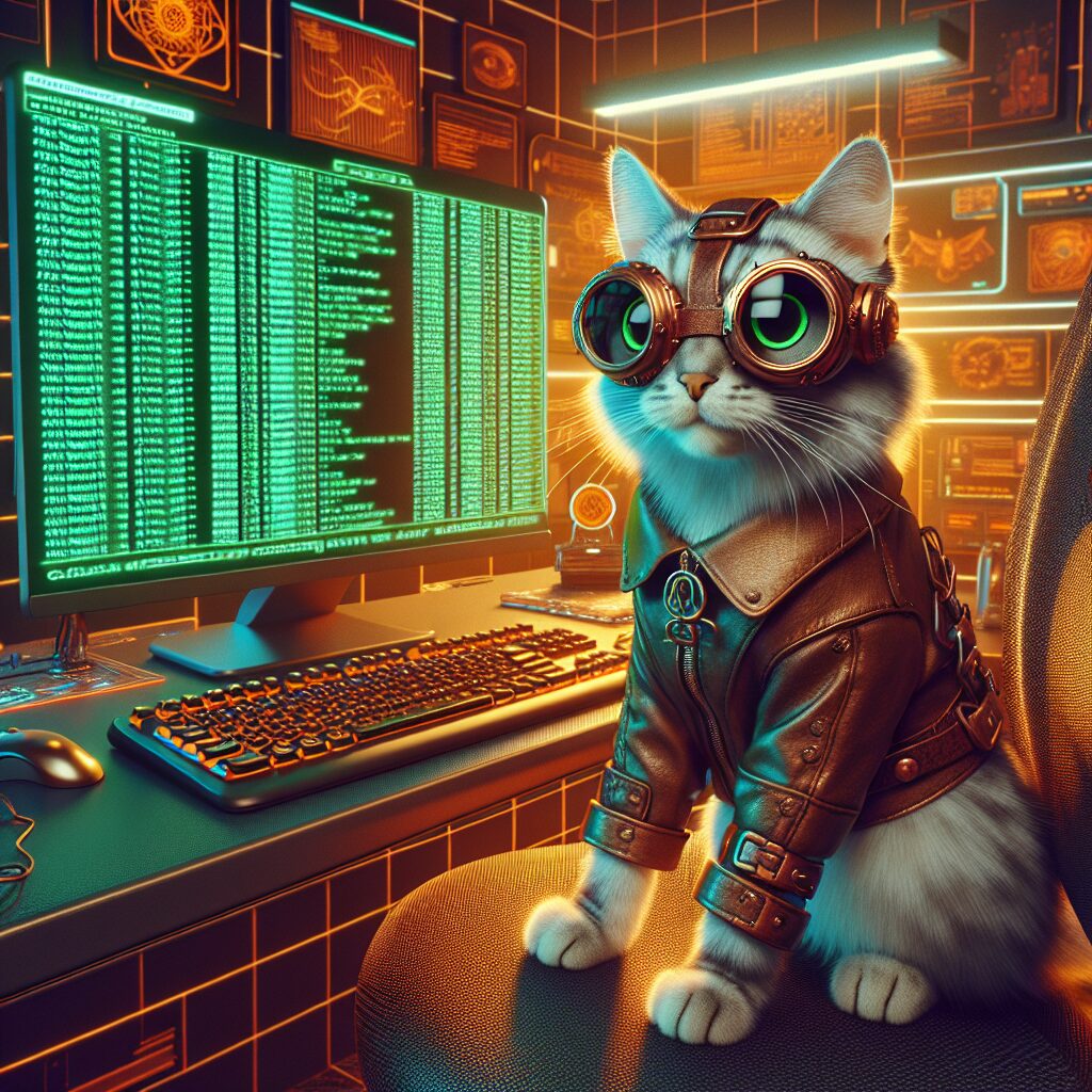 Cartoon cat in a leather jacket and googles sitting on an office chair. Behind him in a desktop computer setup. On the screen is illegible green text.